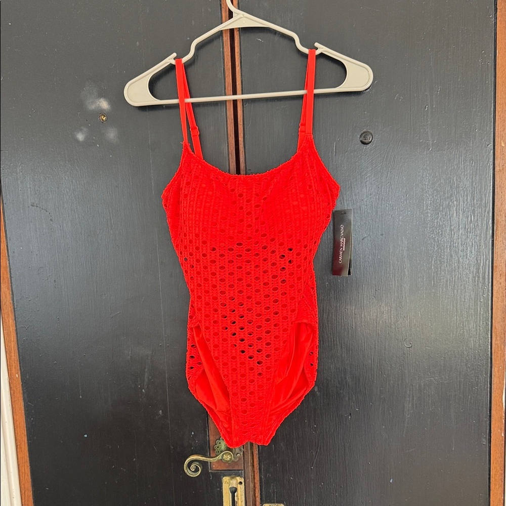 Carmen Marc Valvo Bright Red Crochet One-Piece Swimsuit